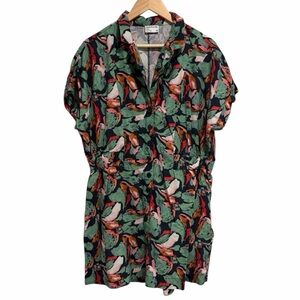 Frank & Oak Floral Print Short Sleeve Button-Up Shorts Romper Tropical
